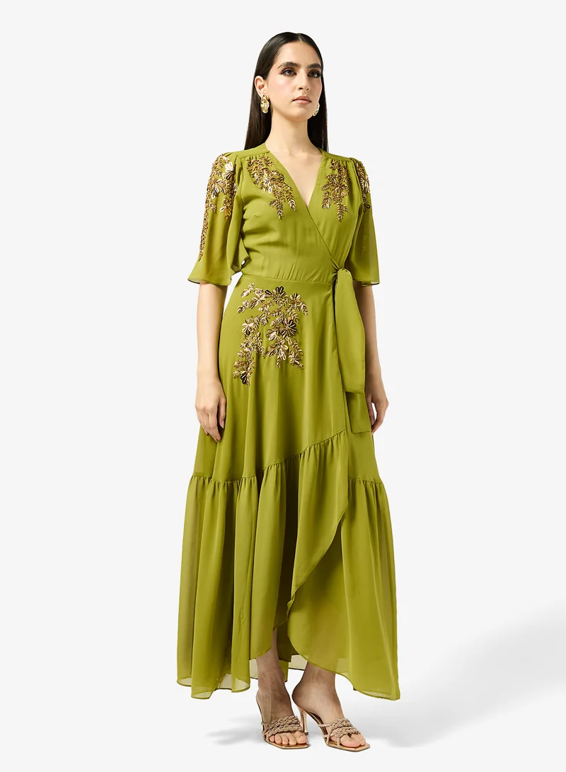 Hope & Ivy Embellished Flutter Sleeve  Wrap   Tie Waist Maxi Dress
